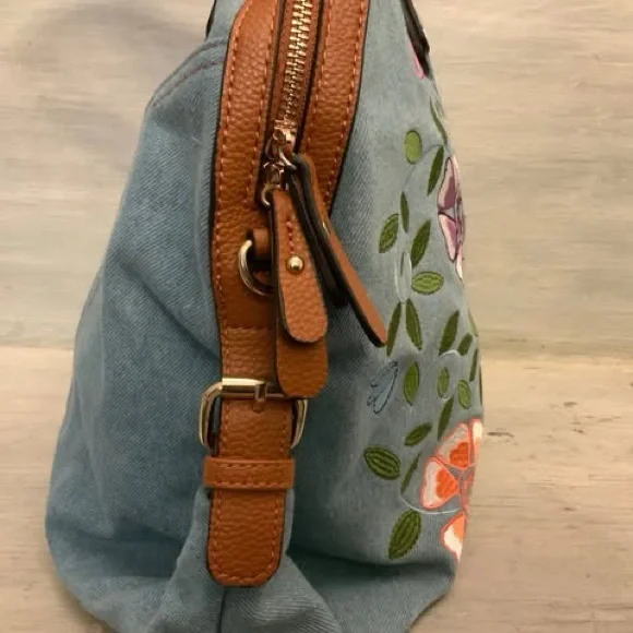 Cato Embroidered Flower Print Denim Brown Faux Leather Handbag Purse Like New - Picture 2 of 8